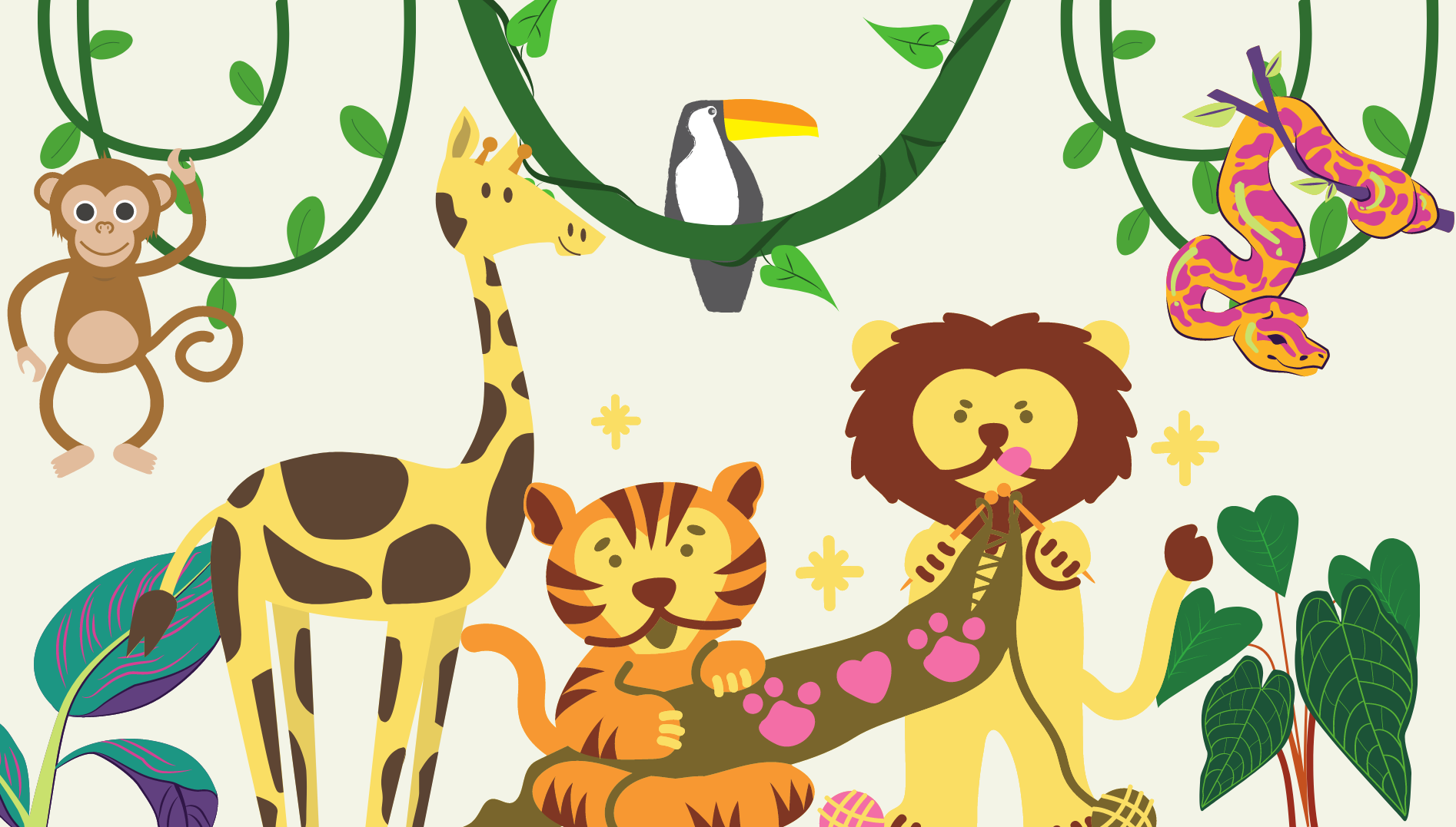 La imagen muestra una selva con animales y plantas
