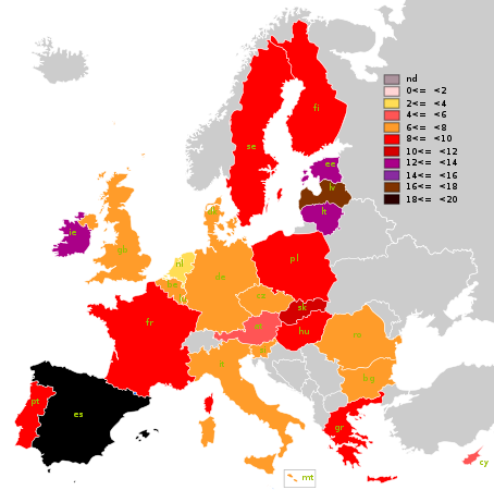 Mapa del desempleo en Europa según mediciones de junio de 2009