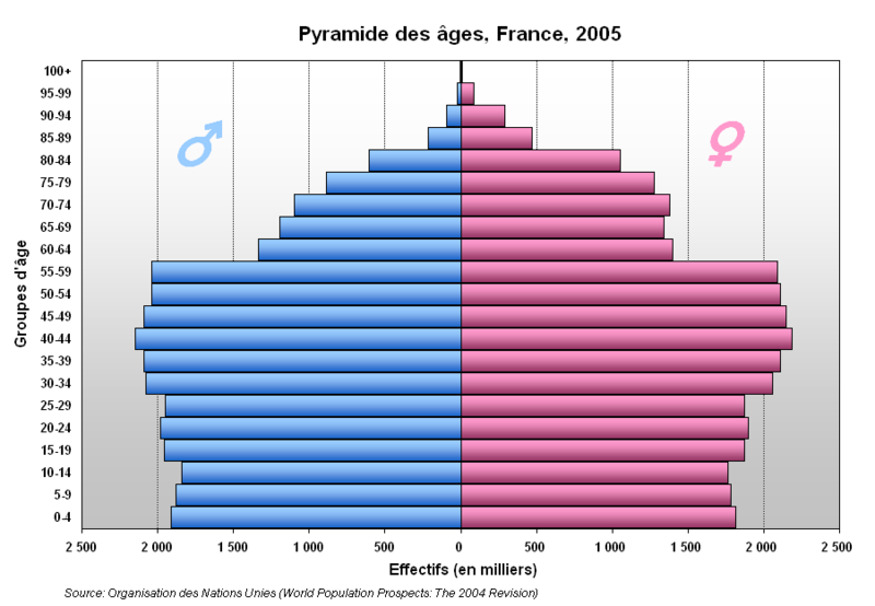 Pirámide con un perfil convexo. Propia de un país desarollado como Francia.