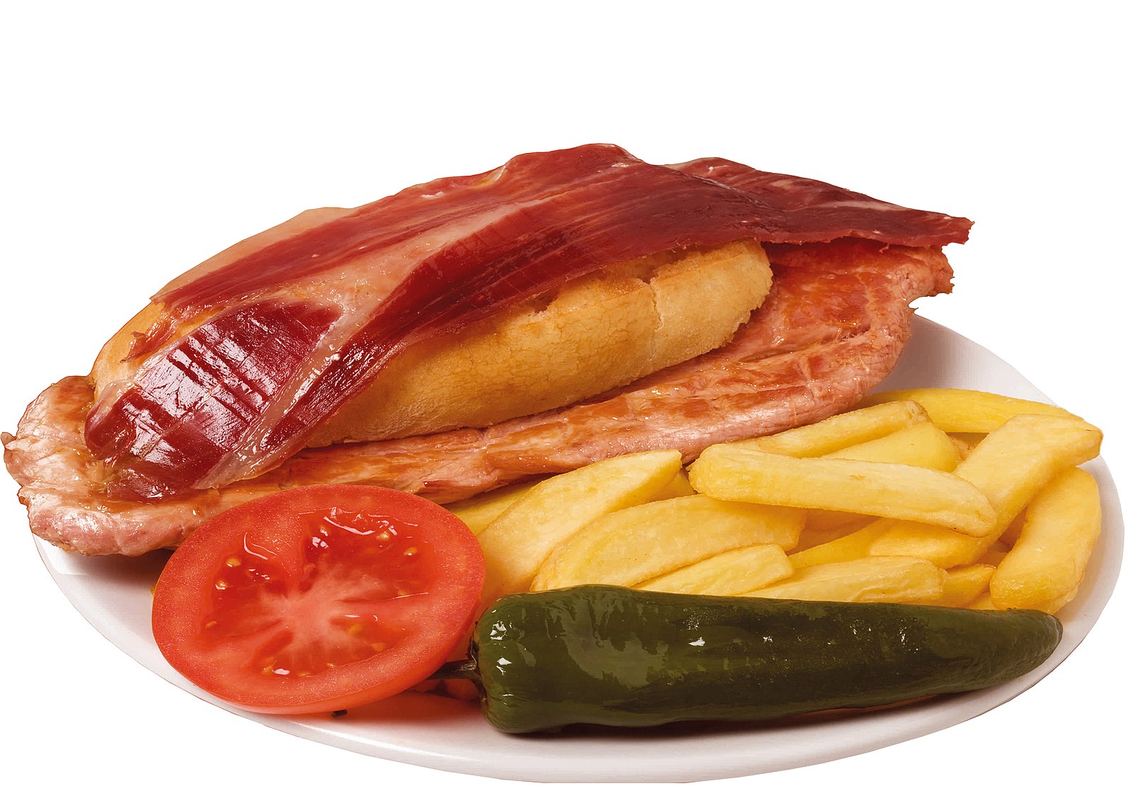 Bocadillo de jamón y lomo con tomate,  pimiento y patatas fritas