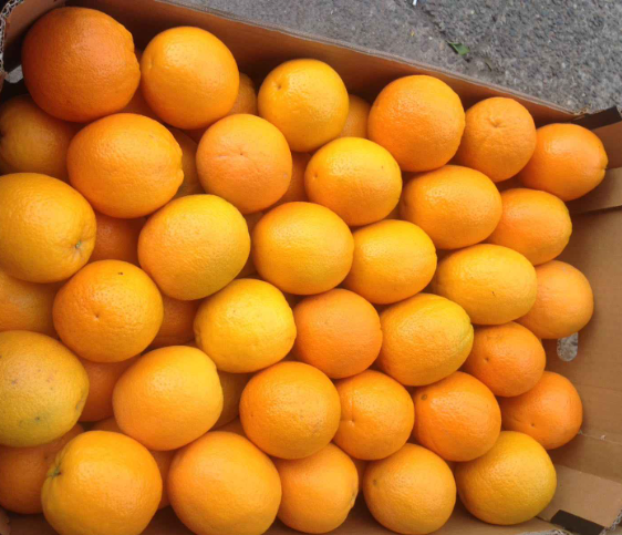 Caja llena de naranjas vistas desde arriba