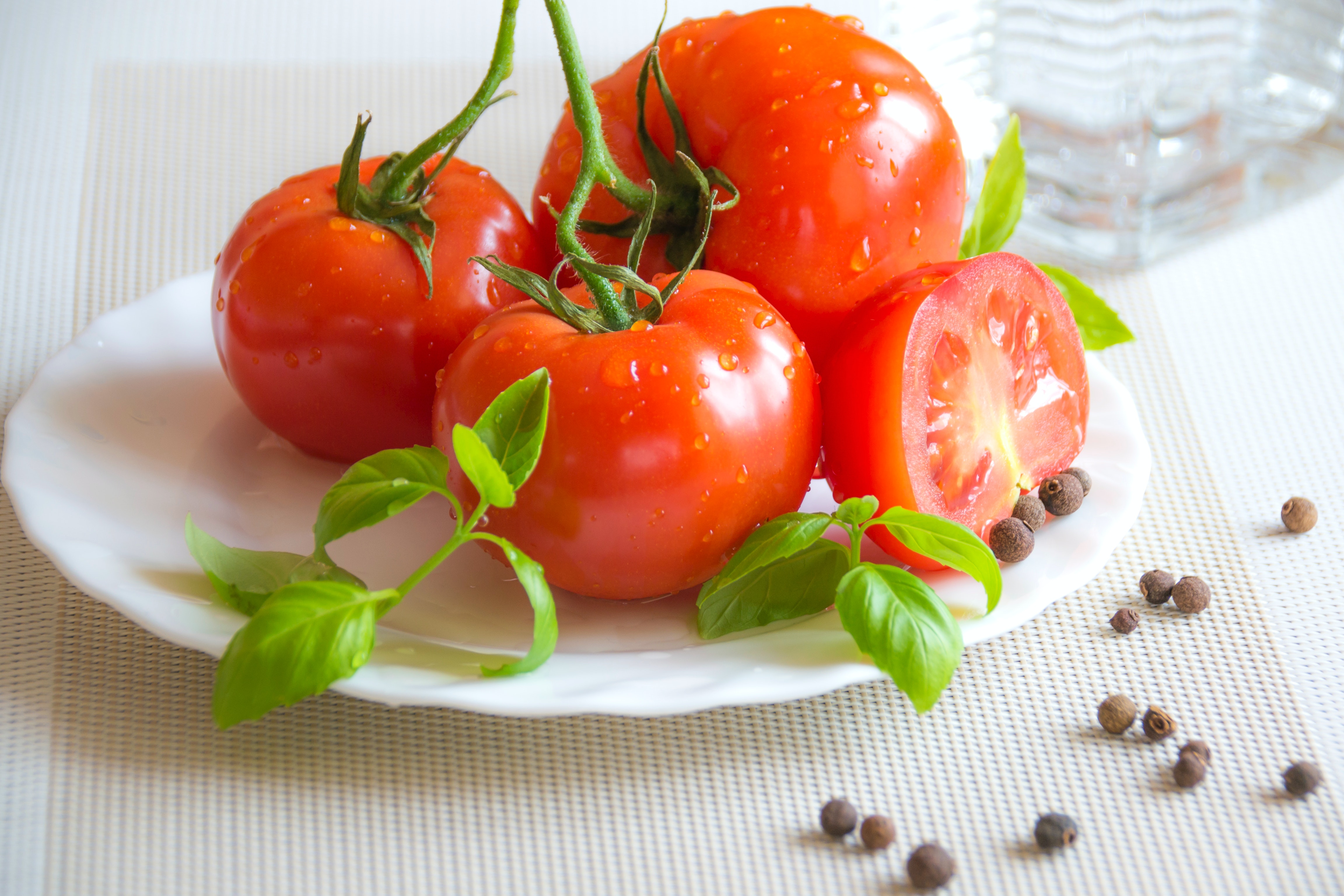 Un plato con cuatro tomates frescos varias hojas de albahaca y granos de pimienta.