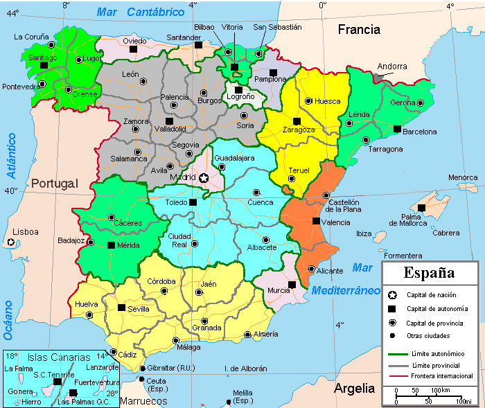 En este mapa puedes observar cómo la Comunidad de Galicia y Portugal se encuentran en el mismo meridiano.