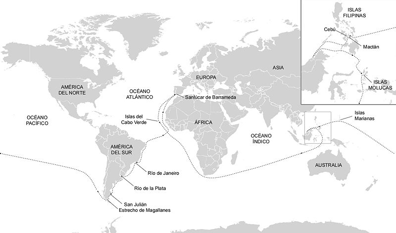  Este mapa muestra el itinerario seguido por la expedición de Magallanes y de Elcano entre 1519 y 1522 que permitió realizar la primera circunnavegación del planeta. Al dirigirse hacia el oeste, la expedición duró un día más de lo que mostraba el calendario que llevaban a bordo los marinos.