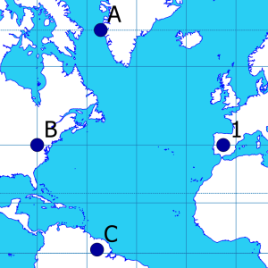 Tres puntos en proyección Mercator