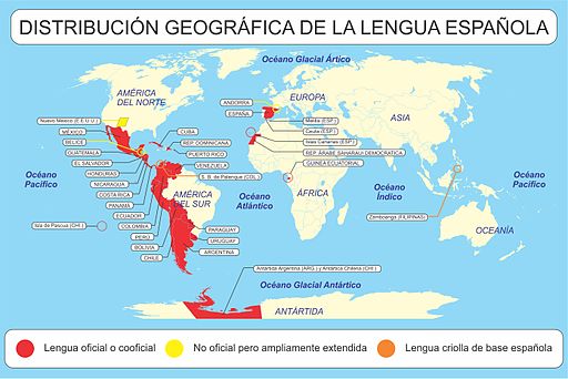 Mapa de la distribución del español en el mundo
