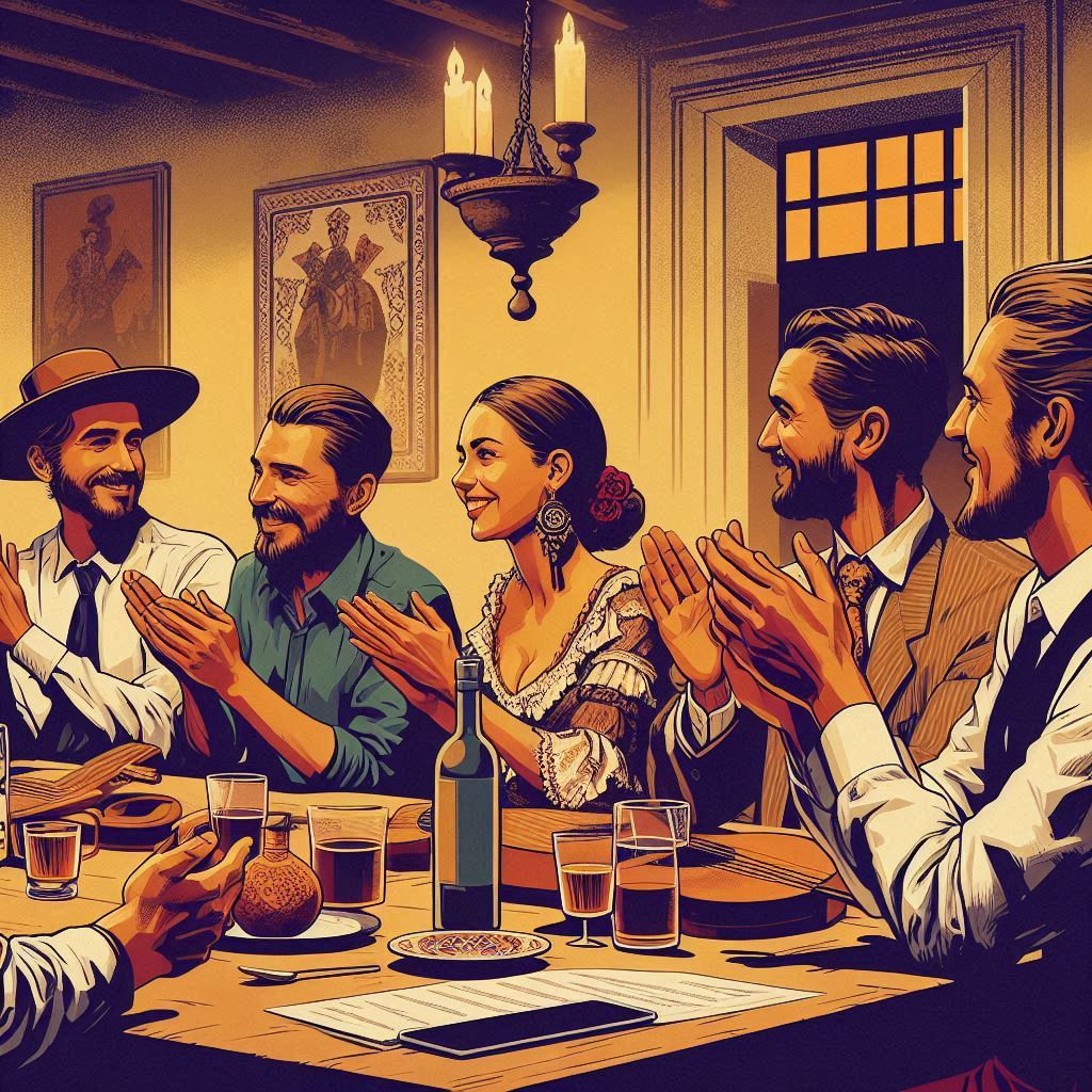 Reunión flamenca. Imagen en estilo iustración de músicos flamencos tocando las palmas en una reunión alrededor de una mesa con copas y botellas.