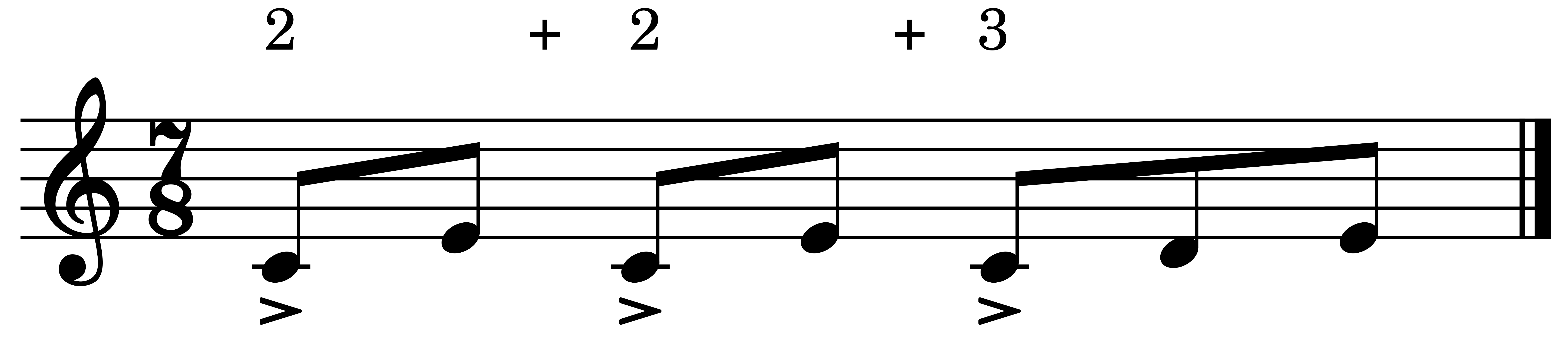 Ejemplo de compás de 7x8 con la medida de 2+2+3.