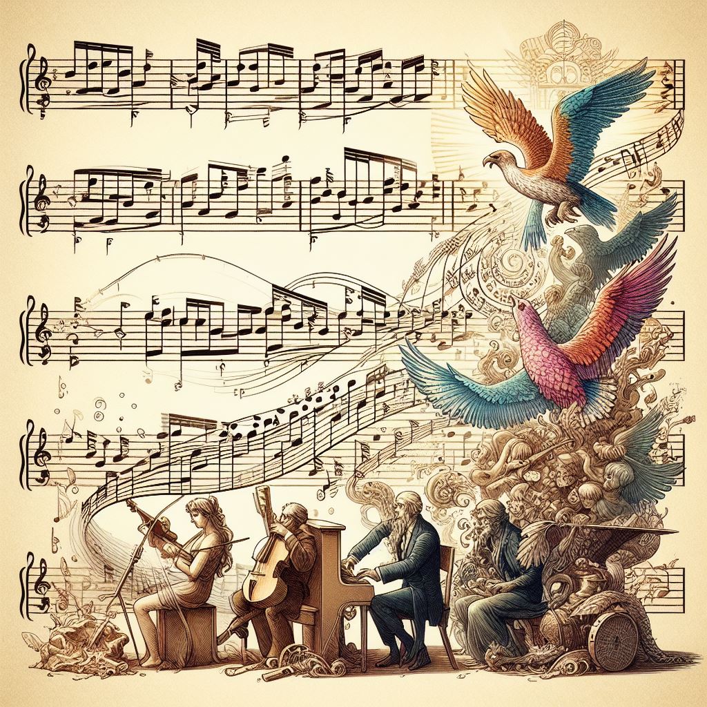 Evolución de la notación musical. Músicos en distintas épocas tocando instrumentos con pentagrama de fondo.