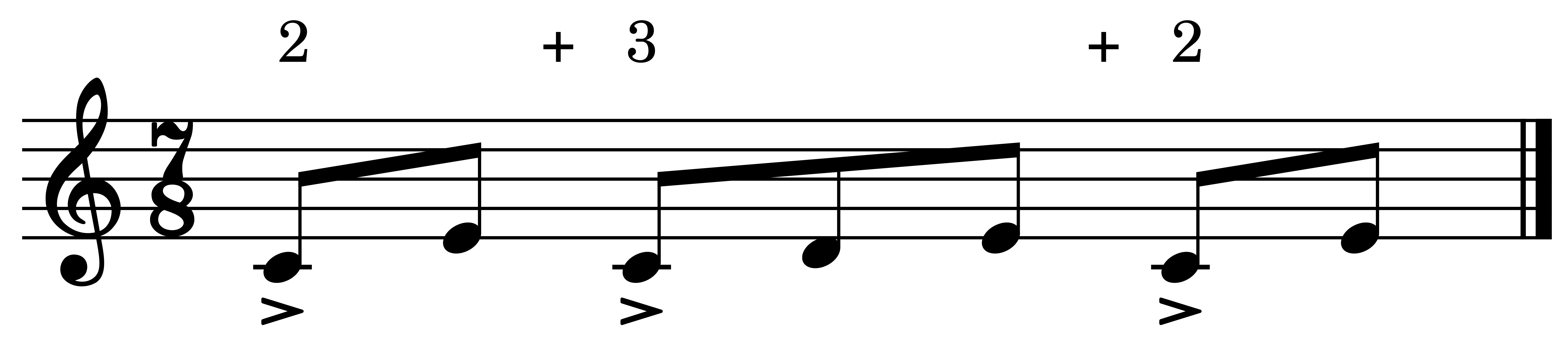 Ejemplo de compás de 7x8 con la medida de 2+3+2.