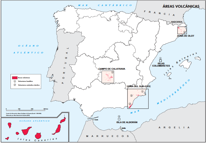 Mapa de zonas volcánicas de España