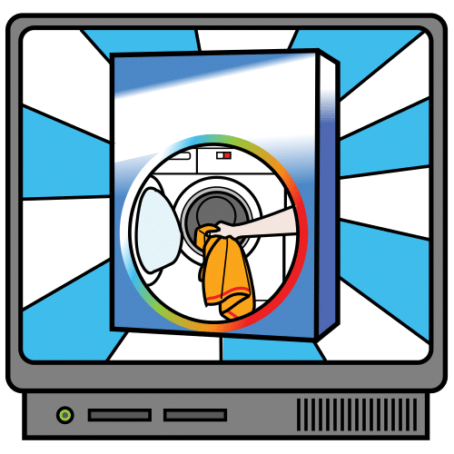 Televisión con una imagen de un detergente para lavadora.