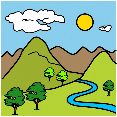 Lugar montañoso con un río y unos árboles con un cielo azul, nubes blancas y sol amarillo. 