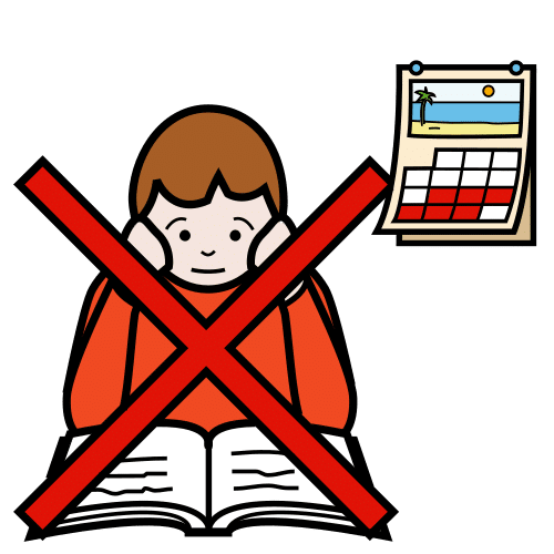 La imagen muestra un niño sobre un escritorio con un libro, tachado en rojo.