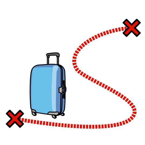 Dos puntos unidos por una línea roja discontinua y una maleta azul.