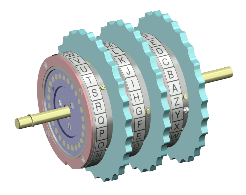 La imagen muestra los rotores de la máquina Enigma