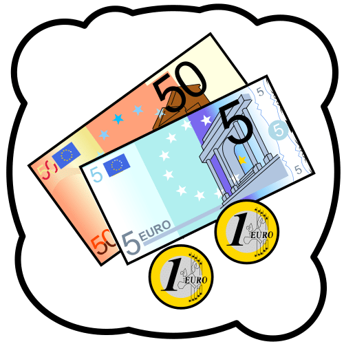 La imagen muestra un billete de cincuenta euros, un billete de cinco euros y dos monedas de un euro.