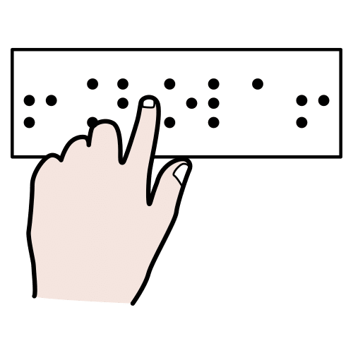 La imagen muestra una mano siguiendo la lectura de una frase en sistema Braille.