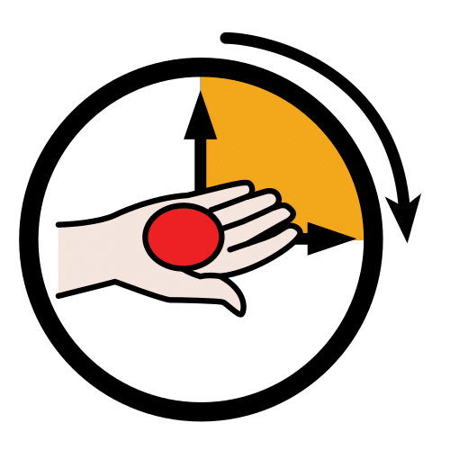 La imagen muestra una mano, dentro de un círculo con unas flechas giratorias, sosteniendo un círculo rojo.