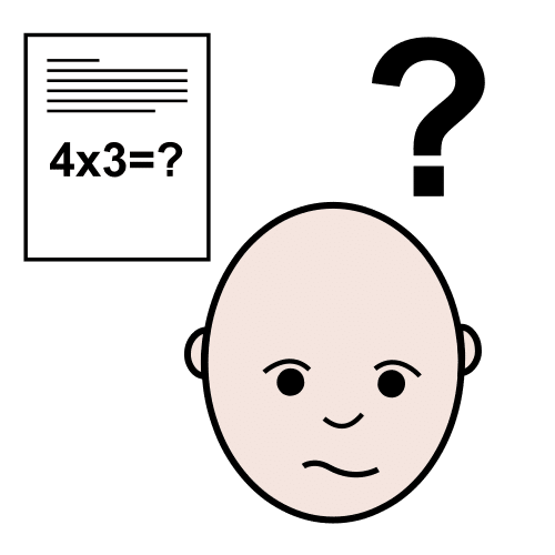 La imagen muestra a un niño pensando con un signo de interrogación y una operación de multiplicación sin resolver sobre su cabeza de forma emergente. 