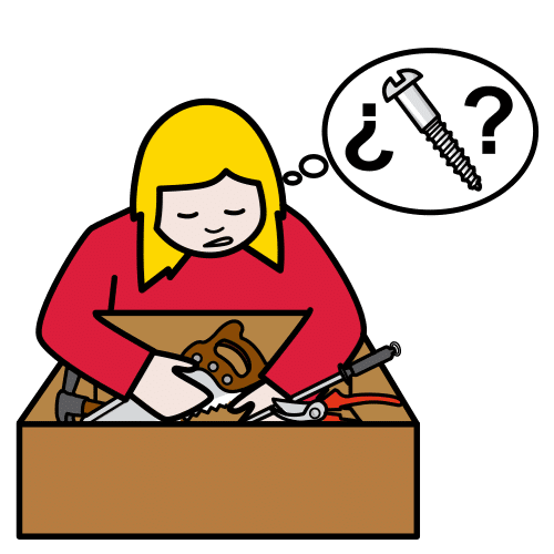 La imagen muestra a una niña buscando en una caja de herramientas, sobre ella hay un bocadillo emergente con un tornillo.