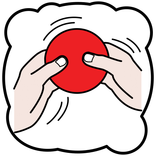 La imagen muestra dos manos presionando un círculo de color rojo.