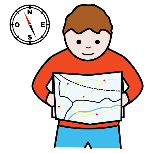La imagen muestra a un niño mirando un mapa, al fondo a la izquierda aparece una brújula.