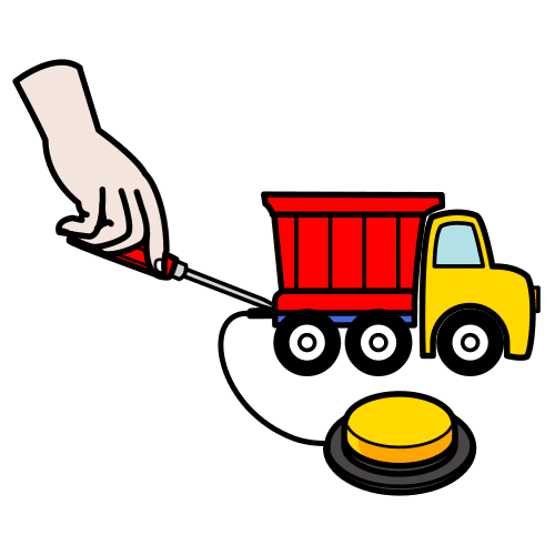 La imagen muestra una mano con una destornillador realizando algunos ajustes a un camión de juguete, el camión se encuentra conectado a un pulsador.