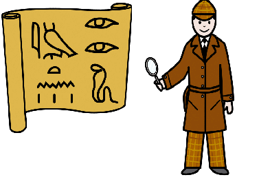 La imagen muestra en la parte derecha a un detective y en la parte izquierda un jeroglífico.