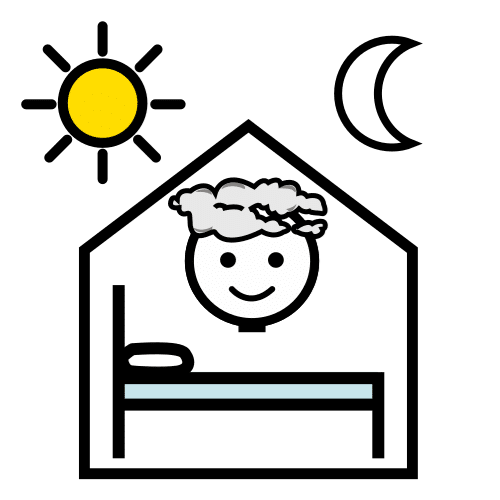 La imagen muestra el icono de una casa dentro del cual aparece una cama y la cara de una persona. En el exterior de la misma, a la derecha aparece la luna y a la izquierda el sol.