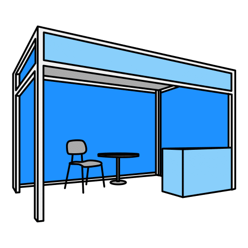 La imagen muestra una caseta de color azul con un mostrador y una silla de oficina.