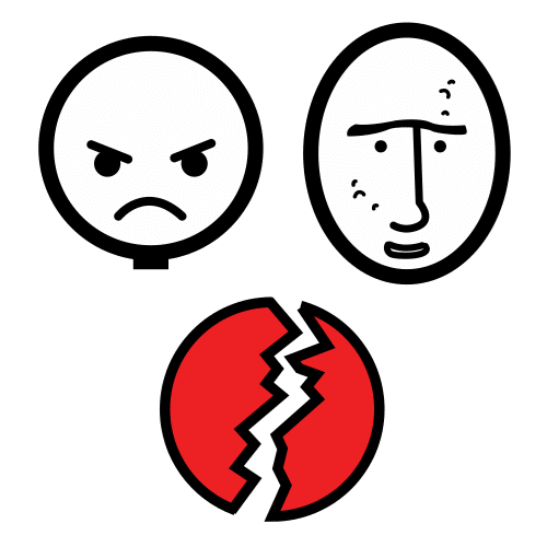 La imagen muestra una cara enfadada, otra cara con marcas de acné y un círculo rojo fragmentado por la mitad. 