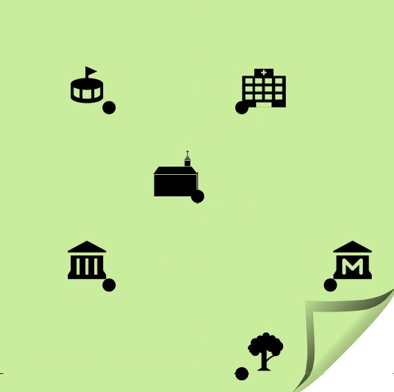 En la imagen aparece un mapa en los que se situan un museo, un ayuntamiento, un estadio, un hospital, un árbol  y una iglesia.