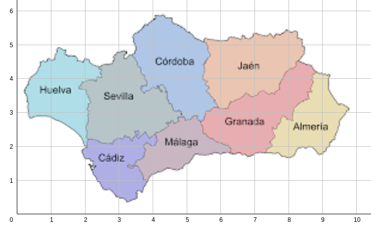 La imagen muestra un mapa con las provincias de Andalucía con cuadrículas marcadas por las divisiones de un plano cartesiano