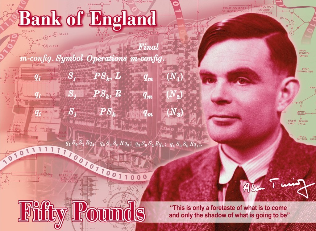 La imagen muestra un sello de correos con la imagen del matemático Alan Turing