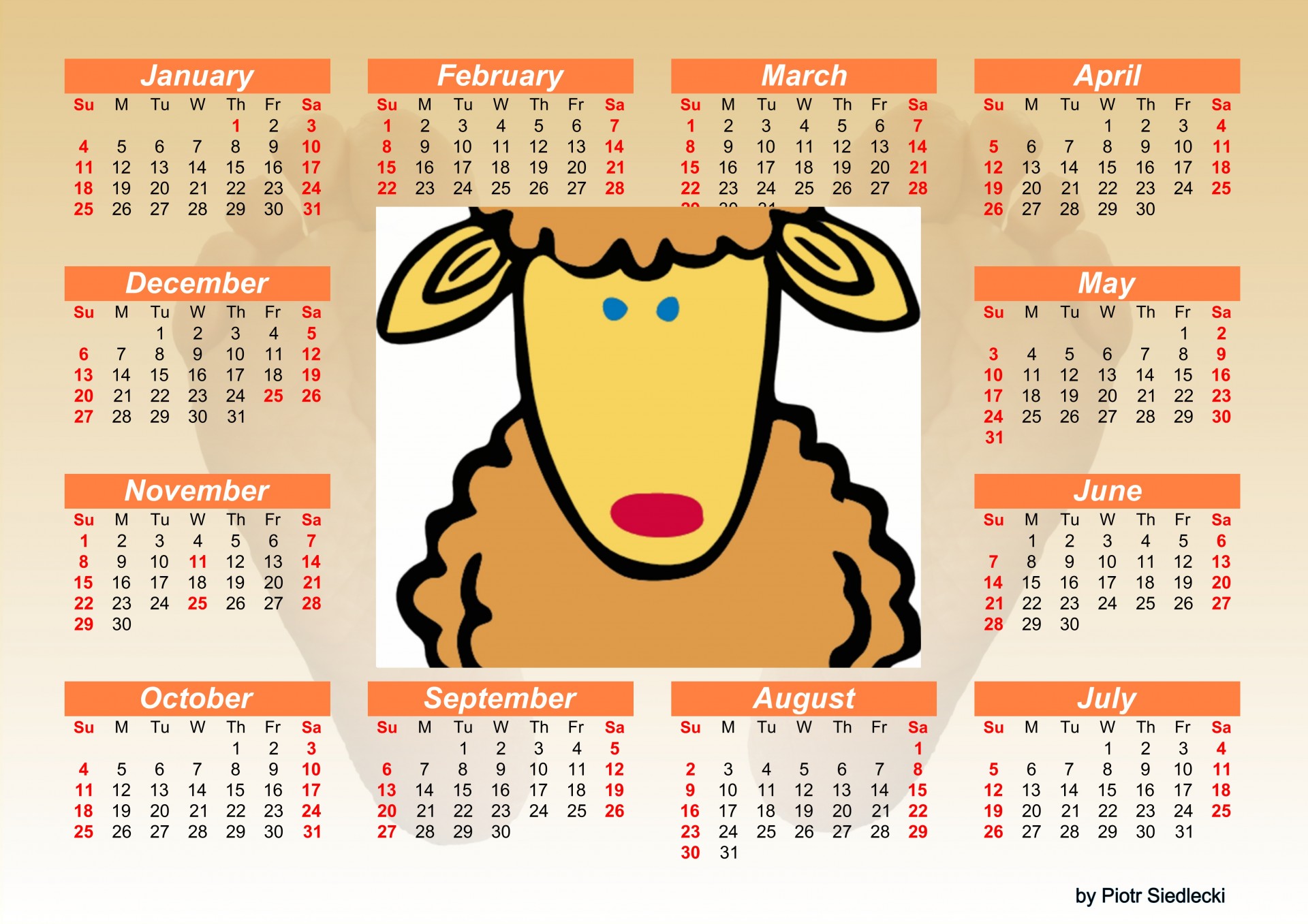 calendario anual 2021/2022 (en inglés) donde se pueden ver los 12 meses del año. Cada mes se presenta estructurado por semanas, según la estructura inglesa. Se presentan en una misma hoja en la que en el centro aparece un dibujo de una oveja y alrededor formando un cuadrado están colocados los meses del año