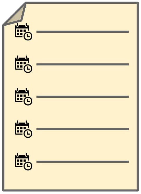 ilustración de un documento con una serie de líneas. Al comienzo de cada una de las líneas hay un icono de tiempo consistente en un reloj encima de un calendario