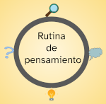 ilustración con un círculo central rodeado de: una bombilla, una interrogación, una lupa y un bocadillo de pensamiento. En el centro del círculo se leen las palabras: rutina de pensamiento