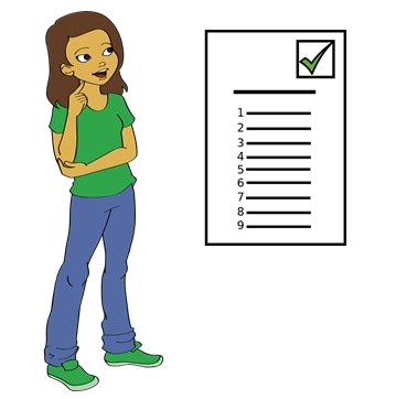 en la imagen aparece una chica de pie con el rostro pensativo. Tiene una chaqueta verde y un pantalón azul.A su derecha, aparece un papel como ejemplo de instrucciones
