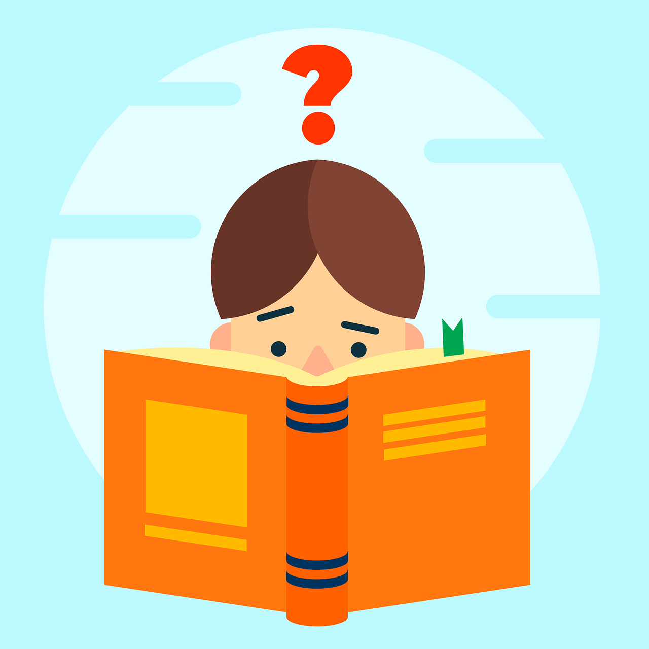 aparece un niña con el pelo marrón sobre un fondo azul leyendo un libro con la portada naranja. Sobre la cabeza tiene un signo de interrogación