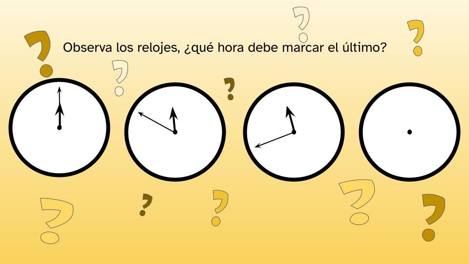 ilustración con cinco relojes, cada uno de ellos marcando una hora diferente, excepto el quinto y último que no tiene manecillas. Sobre los relojes se plantea lo siguiente: 'Observa los relojes, ¿que debe marcar el último?' Por otro lado, el primer reloj marca las doce en punto, el segundo las doce menos 10 y el tercero las doce menos veinte