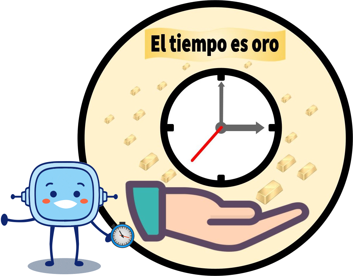 imagen en la que se aprecia un reloj sobre una mano abierta y rodeada de lingotes de oro. Todo ello bajo el título: 'El tiempo es oro'. El personaje Retor se sitúa en la zona de la izquierda con un cronómetro en la mano