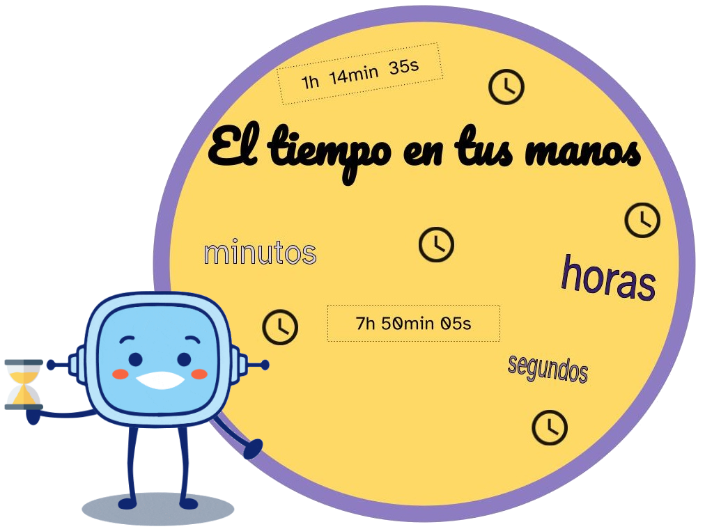 imagen de fondo para Retor en el que se puede ver un gran círculo amarillo con el título 'El tiempo en tus manos' en gran tamaño y difrentes signos matemáticos, iconos y palabras relacionadas con la medición del tiempo. Además en el lado izquierdo se aprecia a Rétor con un reloj de arena sobre su mano derecha