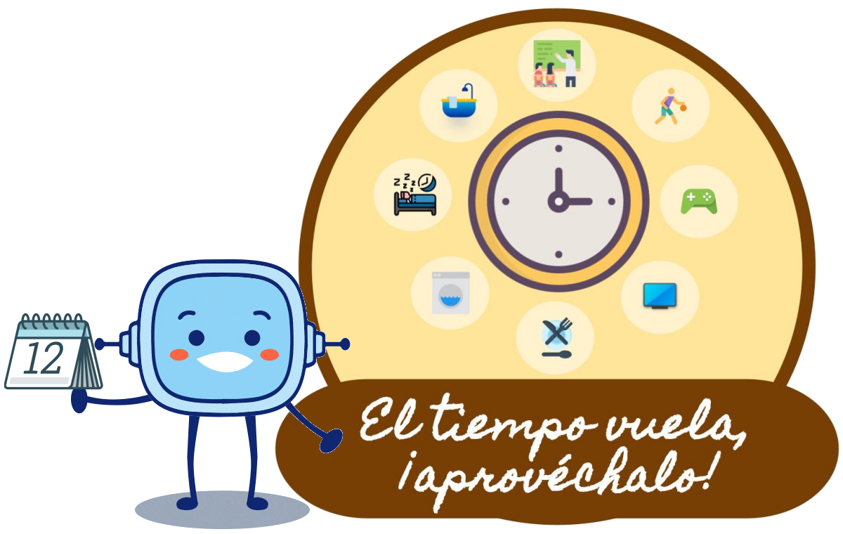 imagen de fondo, con forma circular, en la que se pueden leer las palabras: 'El tiempo vuela, ¡aprovéchalo!' y ademmás donde se puede ver un reloj rodeado de pequeños círculos que contienen distintas actividades de la vida diraria, como son: la alimentación, el descanso, el juego, el deporte, el aseo, etc. El personaje Rétor se situa en primer plano en el lado izquierdo sosteniendo un calendario con su mano derecha donde está visible el día 12