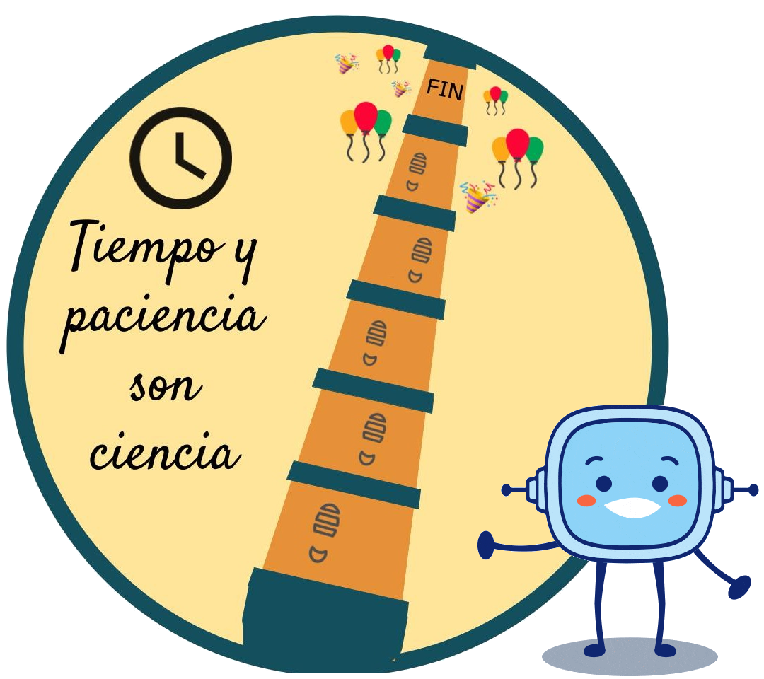 imagen de un camino en el que se distinguen pasos recorriéndolo. Al final del camino se encuentra la meta marcada con la palabra fin y con globos de distintos colores rodeándola. Todo se encuentra sobre un fondo circular  en el que resaltan las palabras 'Tiempo y paciencia son ciencia' bajo el icono de un reloj. El personaje Rétor se situa en primer plano en el lado derecho