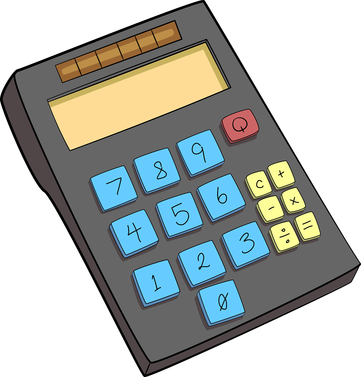 en la imagen aparece una calculadora solar con las teclas azules y amarillas. El botón de encendido es de color rojo