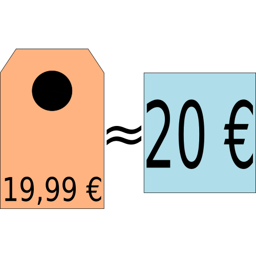 Ilustración que explicar la cifra 19,99 €. contenida en una etiqueta es algo similar a 20 €.