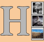 ilustración de una letra h mayúscula en color gris a su derecha una columna con 3 imágenes de hechos históricos: Coliseo de Roma, bomba atómica, llegada del hombre a la Luna