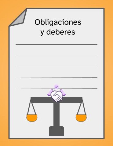 Ilustración de un documento titulado obligaciones y deberes. Al final del documento se observa una balanza situada tras unas manos estrechándose.