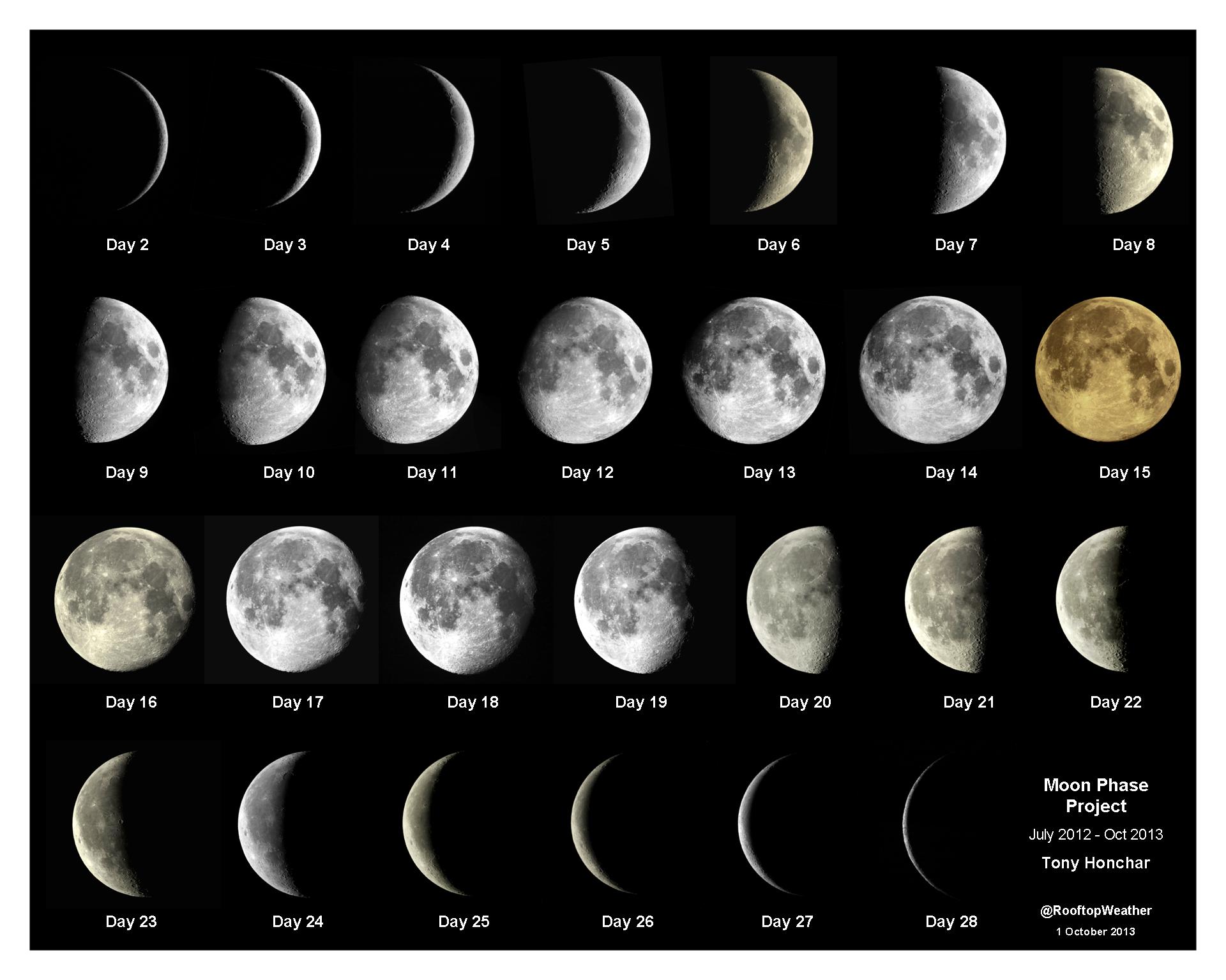 imagen que corresponde a todas las fases de la luna. Sobre fondo negro hay diferentes fotografías de la luna desde que se ve completa hasta que desaparece